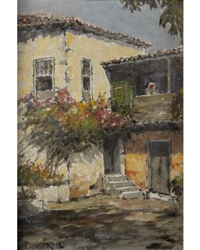 2198-MANUEL LÓPEZ RUIZ (Cádiz, 1873 - Santa Cruz de Tenerife, 1961) Casas de pueblo" Óleo sobre cartón firmado Medidas: 32,5 x 22 c