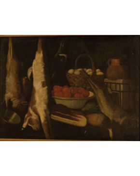 2234-ESCUELA ESPAÑOLA, S. XIX Bodegón con caza, hortalizas y cesta de huevos" Óleo sobre lienzo Medidas: 77 x 105 cm"