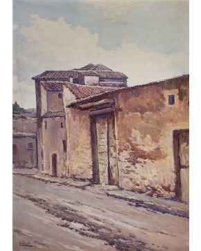 2186-ANTONIO INIESTA (Manzanares, Ciudad Real, S.XX)  Casa rural" Óleo sobre lienzo firmado. Medidas: 101 x 70,5 cm"