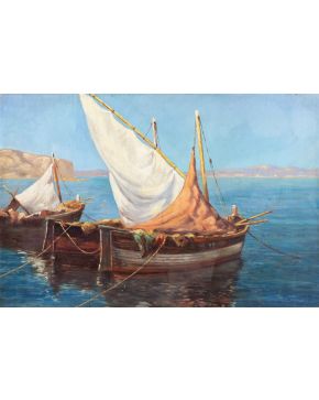 2159-ESCUELA ESPAÑOLA, S. XX Barcas" Óleo sobre tabla. Medidas: 31 x 47 cm"