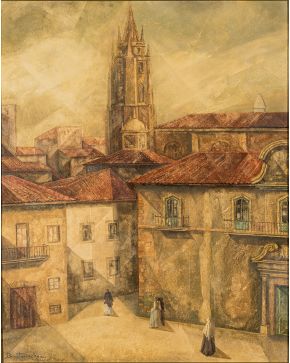 2178-PABLO BASTERRECHEA (Gijón, 1947) Catedral de Oviedo" Técnica mixta sobre tablex. Firmado Medidas: 80 x 64 cm"