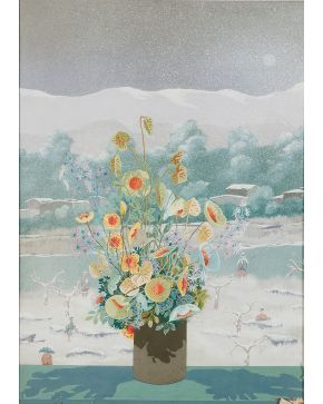 2052-ENRICO FAUSTINI (Italia 1940) Jarrón con flores"  Acrílico sobre tabla Firmado Medidas:  69,5 x 48,5 cm. "