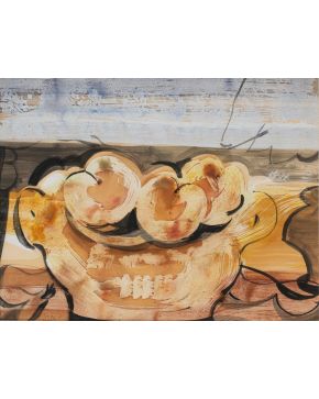 277-ANTONIO SUÁREZ (Gijón 1923-Madrid 2013) Bodegón con manzanas" Acrílico sobre papel Firmado  Medidas: 49 x 64,5 cm. "