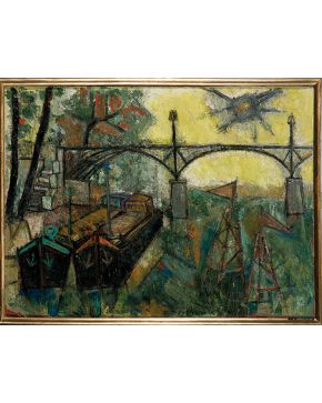 2004-JEAN-JACQUES MORVAN (París 1928-2007) Le pont des Arts (Le Passerelle des Arts)". 1953 Óleo sobre lienzo Al dorso firmado, fec