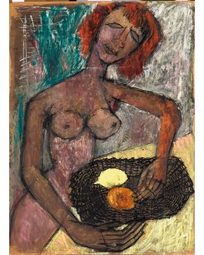 2014-JEAN-JACQUES MORVAN (París 1928-2007)  Nu aux fruits". 1952 Ceras y tinta sobre papel adherido a tabla Firmado y fechado 19