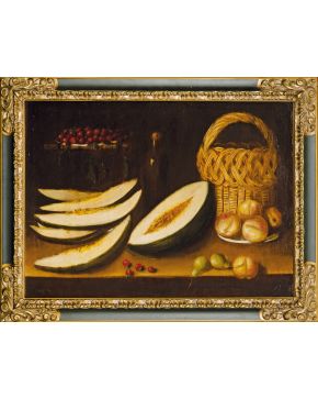 2245-ESCUELA ESPAÑOLA S. XIX Bodegón de mesa con cesta y frutas" Óleo sobre lienzo. Medidas: 60 x 83 cm."