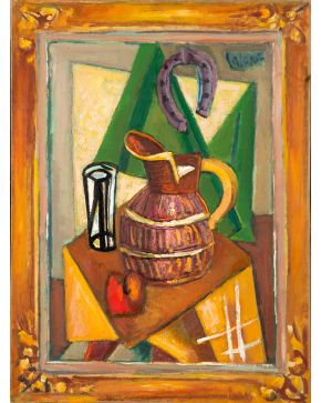4-LOUIS LATAPIE (Toulouse 1891-Avignon 1972) Bodegón con jarra, fruta y vaso"  Óleo sobre lienzo  Firmado Medidas: 70,7 x 63,1 c