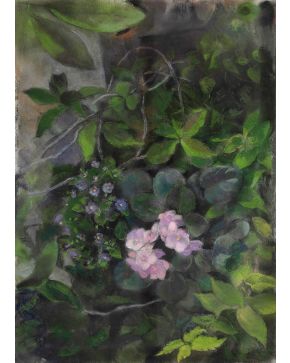 73-ESPERANZA NUERE (Bilbao 1935)  Hortensias". 1990  Pastel sobre papel adherido a tabla  Firmado y fechado 1990  Medidas: 35 x 