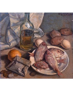 2189-RAFAEL CANTARERO (1907-1957) “Bodegón con salmonetes” Óleo sobre lienzo Firmado Medidas: 40x43 cm. 