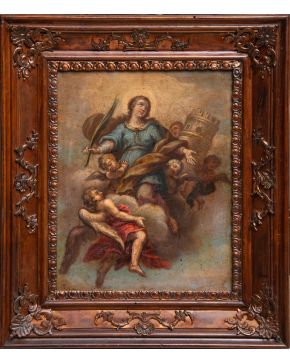 2276-ESCUELA ITALIANA S. XVIII Santa Bárbara en gloria" Óleo sobre cobre.  Medidas: 17,5 x 22,4 cm."