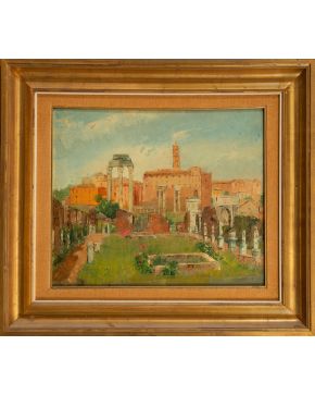 2154-PELAYO DE OLAORTUA (1910-1983) “Vista del Foro Romano” Óleo sobre tabla  Firmado Medidas: 49 x 43 cm. 