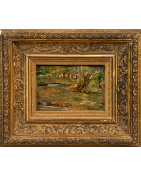 2175-LUIS SÁNCHEZ DE LA PEÑA (act.c.1895-c.1905) Paisaje" Óleos sobre tabla Firmado: "Sánchez de la Peña" Medidas: 13 x 8 cm."