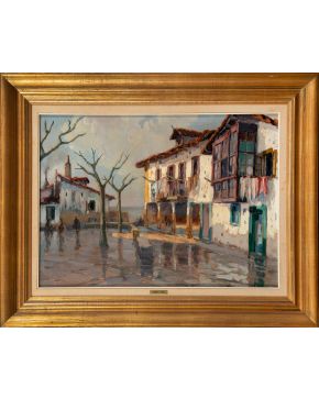 2188-FRANCISCO PLANAS DORIA (Sabadell, 1879 - Barcelona, 1955) Plaza de pueblo" Óleo sobre tabla Firmado en el ángulo inferior izqu