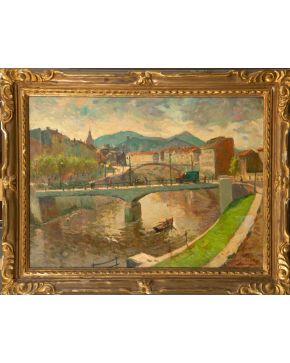 2155-JACINTO OLIVÉ (Barcelona, 1896-1967) Vista de la ría de Bilbao" Òleo sobre lienzo Firmado Medidas: 56 x 70 cm."