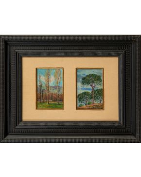 2169-JUAN FERRER CARBONEL 1892-1985 Pereja de paisajes enmacados en un mismo marco" Óleo sobre lienzo Firmado Medidas 20 x 13 cm