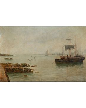 2237-ESCUELA ESPAÑOLA 1889 “Barco llegando a puerto” Óleo sobre lienzo  Firmado: J. Román" Medidas: 28 x 46 cm"