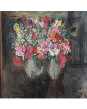 2144-XAVIER SOLER (Alicante 1923-1995) “Jarrones con flores”. 1993 Óleo sobre lienzo Firmado y fechado 1993 Medidas: 100 x 100 c