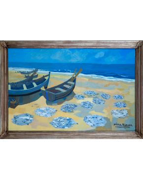 63-NÚRIA LLIMONA (Barcelona 1917 - 2011) Playa con barcas y pesca" Óleo sobre tabla Firmado También al dorso firmado Medidas: