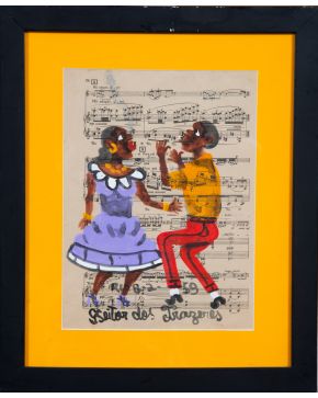 2054-HEITOR DOS PRAZERES (Río de Janeiro, Brasil 1988-1966) Samba". 1959 Gouache sobre partitura musical Firmado y fechado  8-59  e