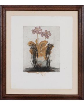 1-MANOLO VALDÉS (Valencia 1942) Jarrón con flores" Aguafuerte y collage sobre papel Firmado a lápiz Numerado 40/45 Medidas: 6