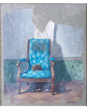 2231-ESCUELA ESPAÑOLA, S. XX. Gato subido a un sillón azul" Acuarela sobre papel. Medidas: 260 x 220 mm."