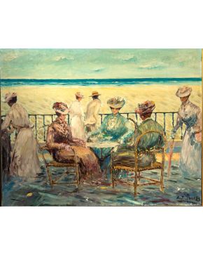 2211-ANTONIO TORRES, S. XX. Terraza en la playa" Óleo sobre lienzo. Medida: 54 x 67 cm."