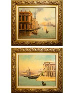 2153-ESCUELA FRANCESA, S. XX. Vistas de Venecia" Óleo sobre lienzo. Medidas: 50 x 60 cm. Firmado en el ángulo inferior izquierdo