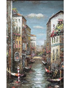 2150-Escuela italiana, S. XX. Vista de Venecia" Óleo sobre lienzo: Medidas: 90 x 60 cm.  Firmado en el ángulo inferior derecho (