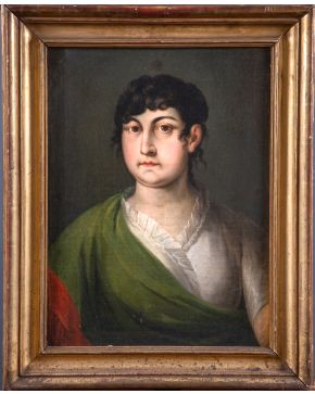 2242-ESCUELA ESPAÑOLA, S. XIX Retrato de dama con manto verde" Óleo sobre lienzo. Medidas: 60 x 45 cm."