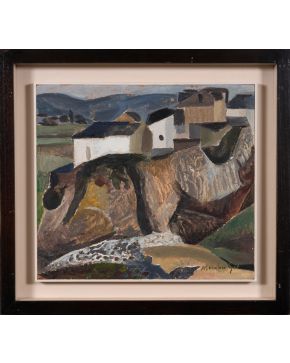 30-MENCHU GAL (Irún 1919-San Sebastián 2008) Paisaje costero vasco".  Óleo sobre tablero Firmado Medidas: 40,5 x 40, 3 cm. "