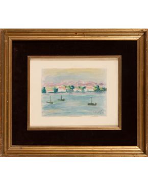 25-HERNANDO VIÑES (París 1904 - 1993) Vista marina con barcas" Acuarela sobre papel Firmado Medidas: 14 x 19 cm."