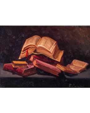 2229-FRANCISCO BARRACHINA (1940-2017) Bodegón de libros" Óleo sobre lienzo . Medidas: 23 x 32 cm. Firmado: "Paco Barrachina"."