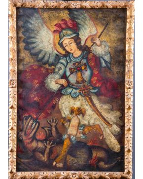 2265-ESCUELA CUZQUEÑA, S. XIX Arcángel San Miguel venciendo al demonio" Óleo sobre lienzo. Medidas: 100 x 66 cm."