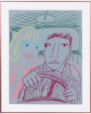 165-JAVIER MARISCAL (Valencia 1950)  Pareja al volante". 1982  Pastel sobre cartón Firmado y fechado 1982 Medidas: 65 x 50 cm. "