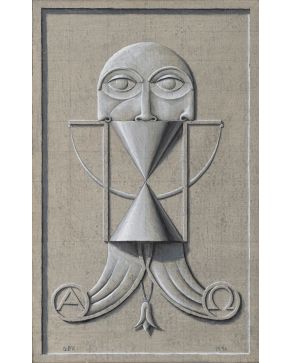 145-GUILLERMO PÉREZ VILLALTA (Tarifa, Cádiz, 1948).  “Emblema del tiempo”. 1996  Pintura al temple sobre lienzo Firmado con inicial