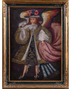 2262-Escuela colonial, S. XVIII-XIX Ángel arcabucero" Óleo sobre lienzo. Medidas: 76 x 53 cm."