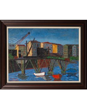 49-FRANCISCO SAN JOSÉ (Madrid 1919-1981) Puerto de Santander". 1948 Oleo sobre lienzo Firmado y fechado  "Santander 1948" Tambié