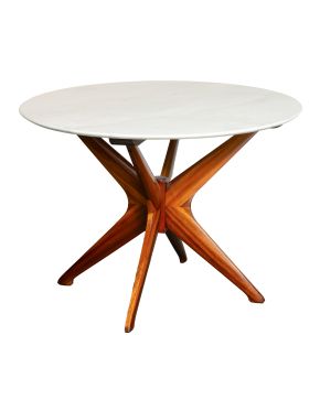 133-GIO PONTI (Milán 1891-1979) Tavolo circolare". c. 1950 Mesa de comedor con superficie de mármol blanco de Carrara y patas de nogal