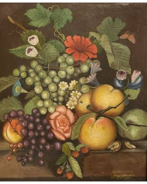 2209-JUAN IBAÑEZ, S. XX., Bodegón de flores y frutas" copia según Jan Van Huysum. 1950 Óleo sobre lienzo. Firmado en el ángulo i