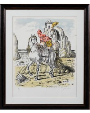 340-GIORGIO DE CHIRICO (Volos, Grecia 1888- Roma 1978) Cavalli con tempi sulla spiaggia". 1971 Litográfia sobre papel Firmado a láp