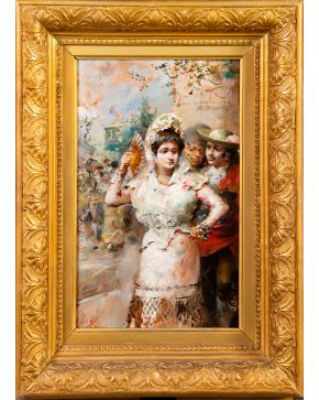 407-JOSÉ DENÍS BELGRANO (Málaga, 1844-1917) “Dama con abanico y dos caballeros” Óleo sobre lienzo. Medias: 39 x 24 cm. Firmado e