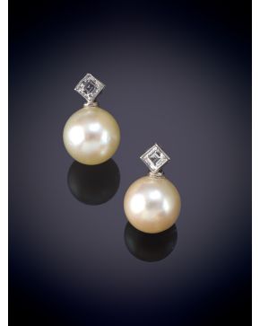 7-ELEGANTES PENDIENTES DE PERLAS AUSTRALIANAS Y BRILLANTES. Montura en oro blanco de 18k.   