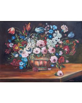 2153-JUAN FELIPE (Escuela Española, S.XX) Bodegón de flores"" Óleo sobre lienzo firmado. Medidas: 75 x 100 cm.""