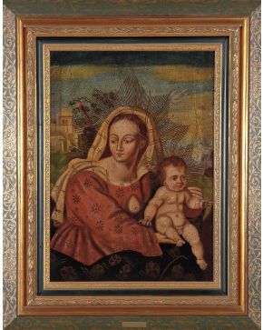 2209-SIGUIENDO MODELOS DE ESCUELA COLONIAL  Virgen con niño"" Óleo sobre lienzo. Medidas: 58 x 41,5 cm.""