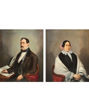 2158-ESCUELA ESPAÑOLA S. XIX Retrato de dama y caballero"" Pareja de óleos sobre lienzo. Medidas: 101 x 82 cm""