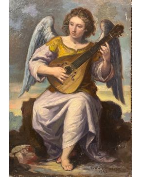 2212-JUAN ANTONIO RODRÍGUEZ HERNÁNDEZ (Sevilla, 1922) "Ángel músico" 1983 Óleo sobre tabla. Firmado y fechado Medidas: 30 x 21 cm