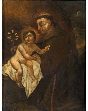 2211-San Antonio de Padua con el Niño"" Óleo sobre lienzo. Medidas: 18 x 23 cm""