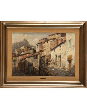 2145-JUAN LLUNA LERMA (Godella, Valencia, 1933) Casas de Requena"" Óleo sobre lienzo. Al dorso firmado y titulado. Medidas: 45 x 65 cm.""