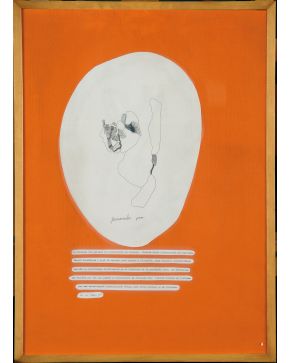 2021-JOSÉ LUIS CUERDA Fernando Poo"". 1975 Tinta sobre papel y collage de tiras de papel impresas sobre lienzo pintado Firmado, fechado y tit