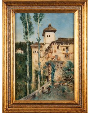 2141-ESCUELA ESPAÑOLA S. XIX Torre de las Damas de la Alhambra"" Óleo sobre lienzo. Medidas: 65 x 44 cm. ""